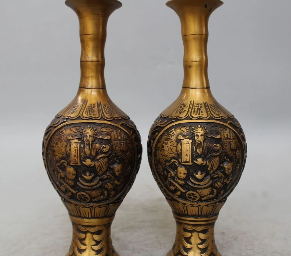 

10" Marked Chinese Dynasty palace Bronze Money Mammon Bottle Vase Pair