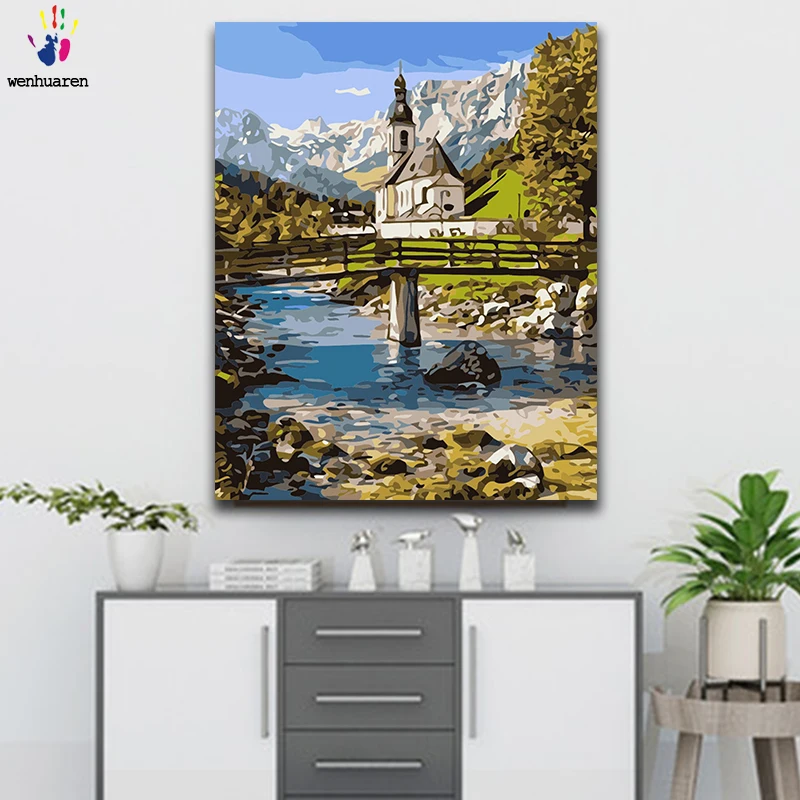 

Diy paint by numbers picture painting by numbers with kits Outdoor scenery Lakeside landscape Handmade Filling and coloring