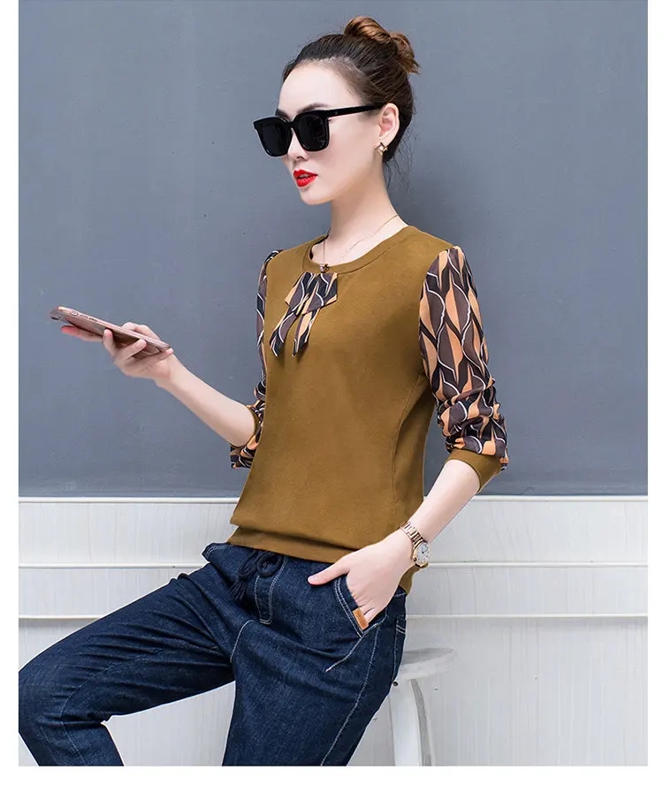 2019 Fall Patchwork Blouse Women Tops Plus Size Print Shirts Femme Tops Casual Ladies Shirts Bow Long Sleeve Blusas Mujer (6)