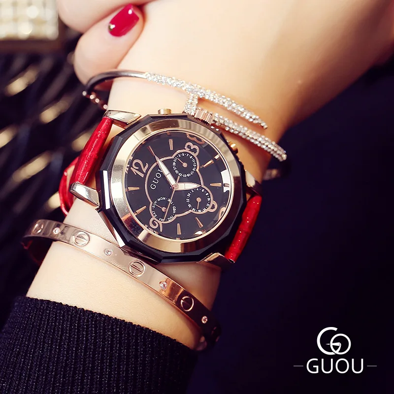 

New Arrival GUOU Genuine Leather 3 Eyes Waterproof Quartz Women' Ladies' Wedding Quartz Wristwatches Wrist Watch Gift