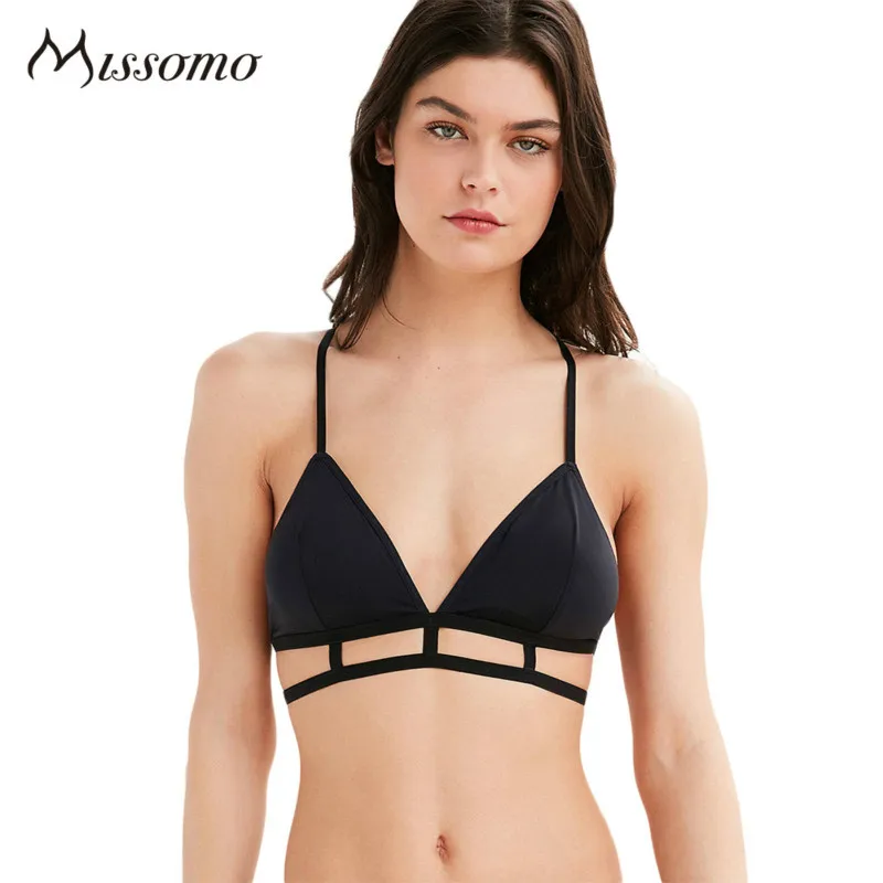 Missomo Women Sexy Solid Color Triangle Push Up Bralette Cross Back Adjustable Straps Lingerie Hollow Out
