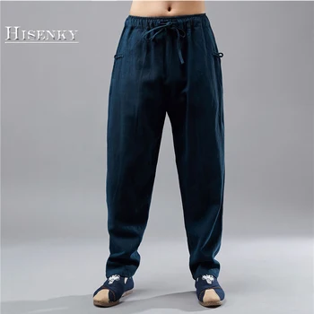 

Hisenky Men's Casual Pants Elastic Waist With Belt 2019 Autumn Chinese Knot Button Ethnic Trousers Loose Straight Leg Pants