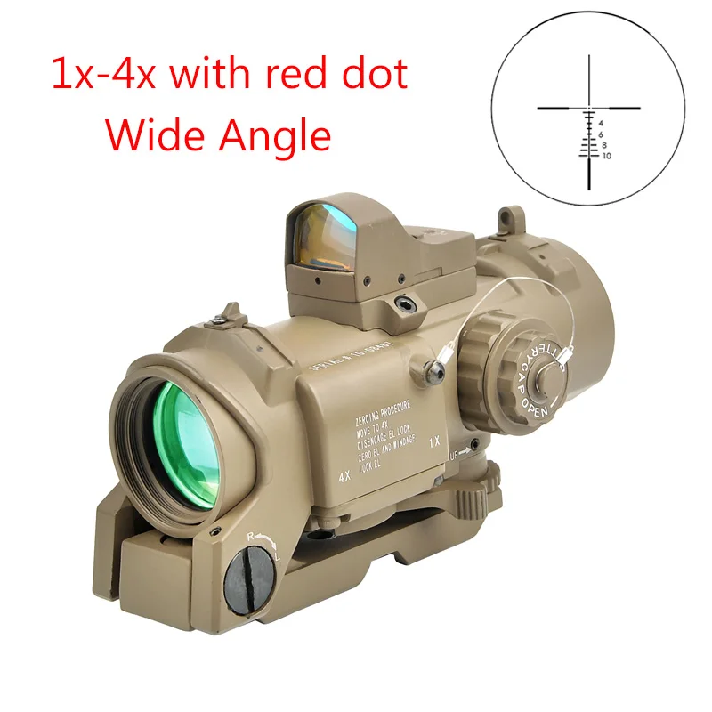 Tactical 1x-4x+HD400 Fixed Dual Purpose With Mini Red Green Dot Sight Scope QD 
