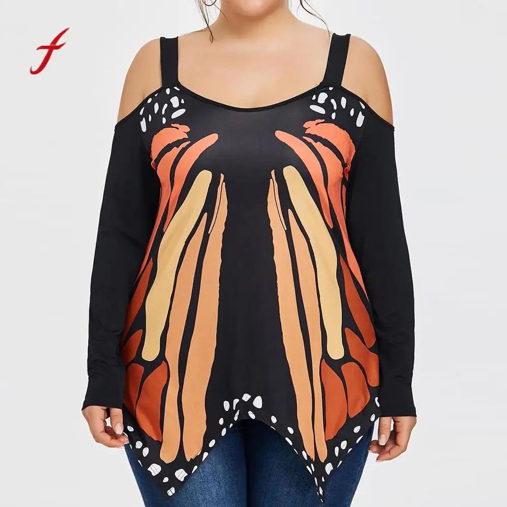 Feitong Large Size Women Summer Tops Butterfly Printed Off Shoulder Shirt Long Sleeve Casual 