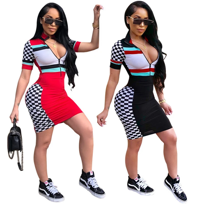 Women Sexy Package Hips Zipper Up Dresses Lady Night Club Slip Dresses