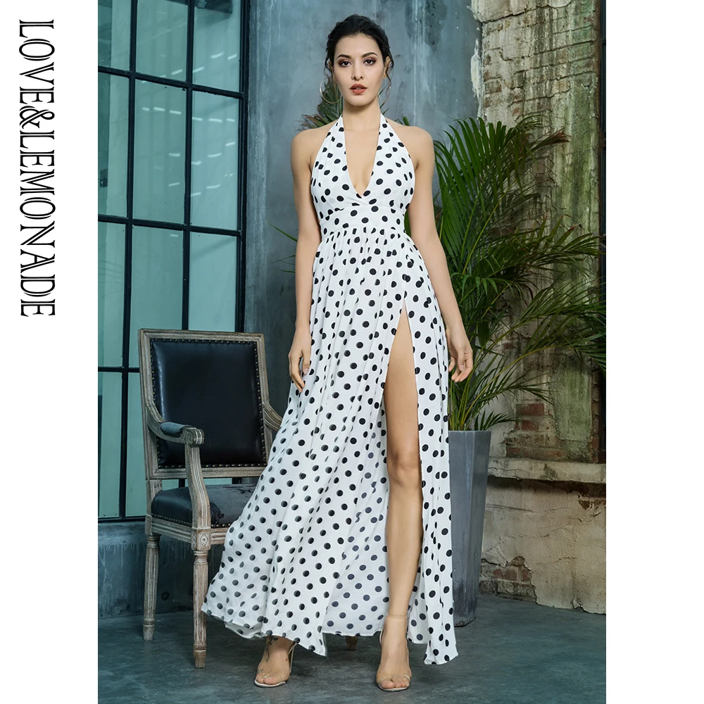 

Love&Lemonade Black And White Dot V-Neck Open Back Cut Out Long Dress LM1362