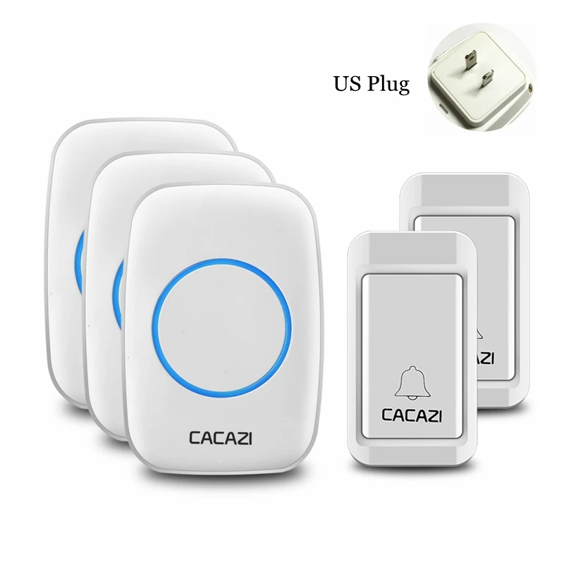CACAZI автономный беспроводной дверной звонок без батареи Водонепроницаемый 2 кнопки 3 приемник Домашние беспроводные дверные колокольчики США ЕС Великобритания штекер - Цвет: White 2x3 US
