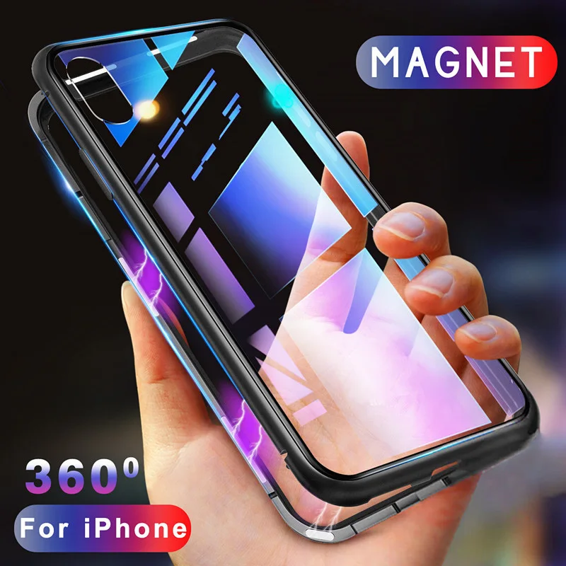 

VRSDES Metal Magnetic Case for iPhone XR XS MAX X 8 Plus 7 +Tempered Glass Back Magnet Cases Cover for iPhone 7 6 6S Plus Case