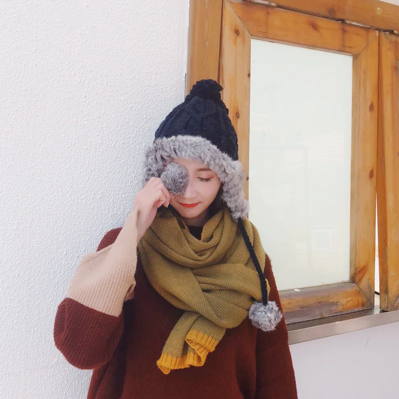 New Korean Fashion Autumn And Winter Rabbit Fur Ball Knit Hats Warm Earmuffs Outdoor Wild Double Thickening Women Hats HC06 (6)