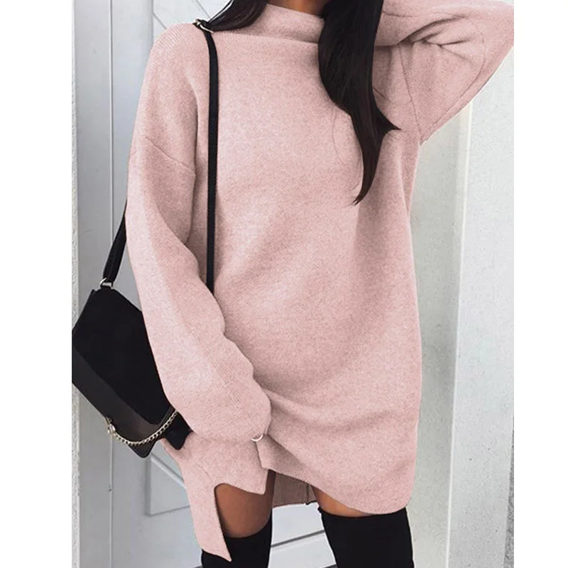 

Women Autumn Dress High Collar Long Sleeves Minimalist Casual Pullover Female Dresses -MX8