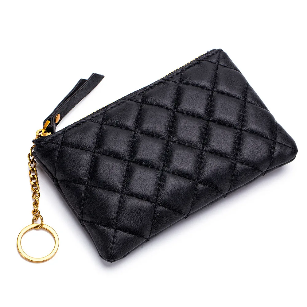 

Very Soft Sheepskin Small Coin Purse with Key Ring Mini Card Holder Plaid Pouch Genuine Leather Change Wallet Cute
