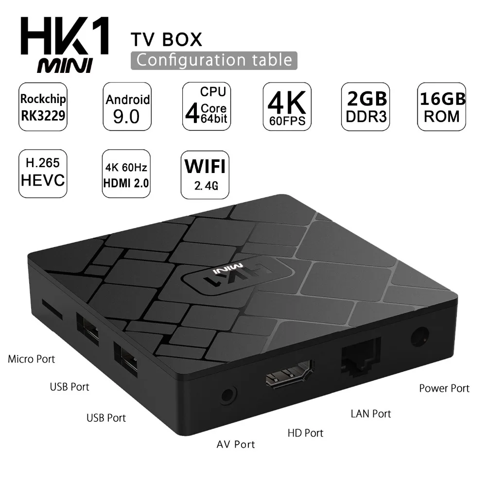 Hk1 Смарт ТВ приставка Android 9,0 RK3229 2G 16G телеприставка 4K 1080P 3D H.265 Wifi медиаплеер ТВ приёмник Play Store upgrate 8,1 OS