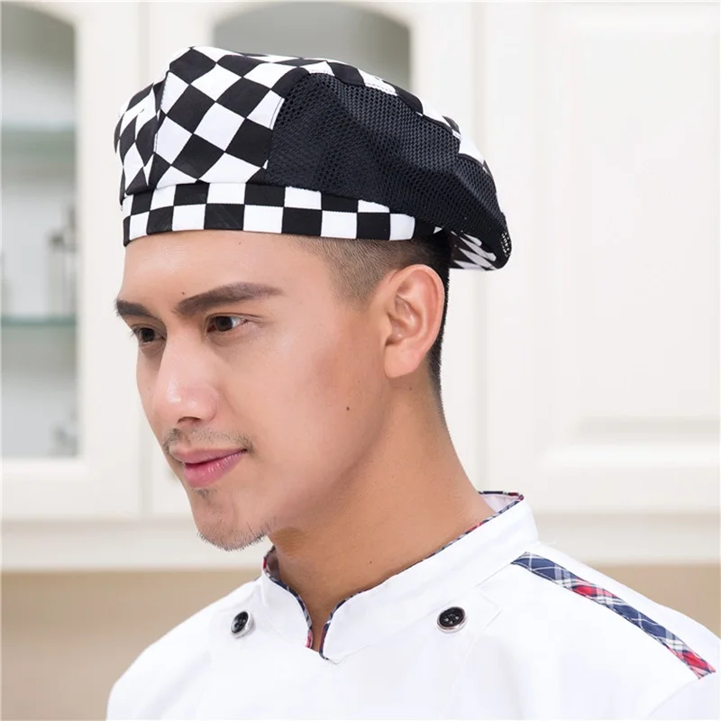Шеф-повара шляпа для мужчин и женщин сетки лоскутное ресторанная кухня готовка рабочая одежда берет отель Bakey официант кафе воздухопроницаемая Кепка 56-58 см - Цвет: 2