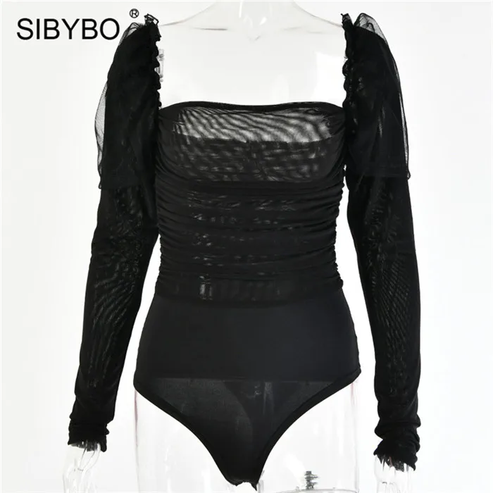 Sibybo сетки прозрачные узкие сексуальное боди Для женщин с длинными рукавами блуза с прямоугольным воротником летняя Для женщин Комбинезоны Черный Повседневное Женское боди - Цвет: Черный