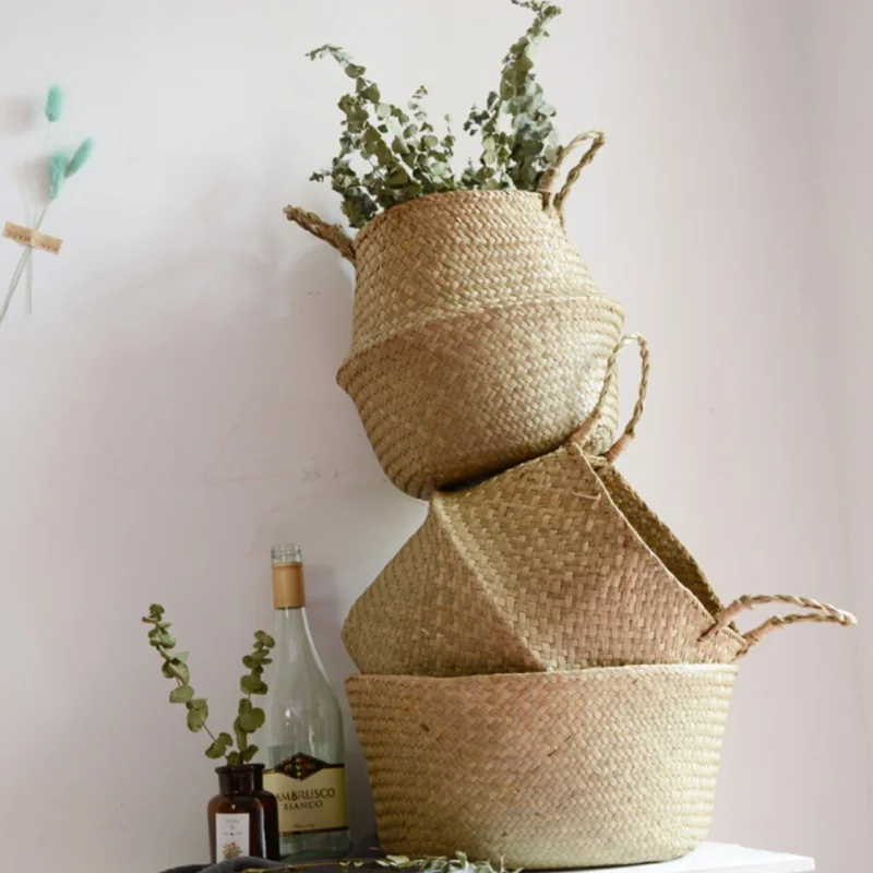 

S/M/L Seagrass Wickerwork Basket Rattan Foldable Hanging Flower Pot Planter Woven Dirty Laundry Hamper Storage Basket Home Decor