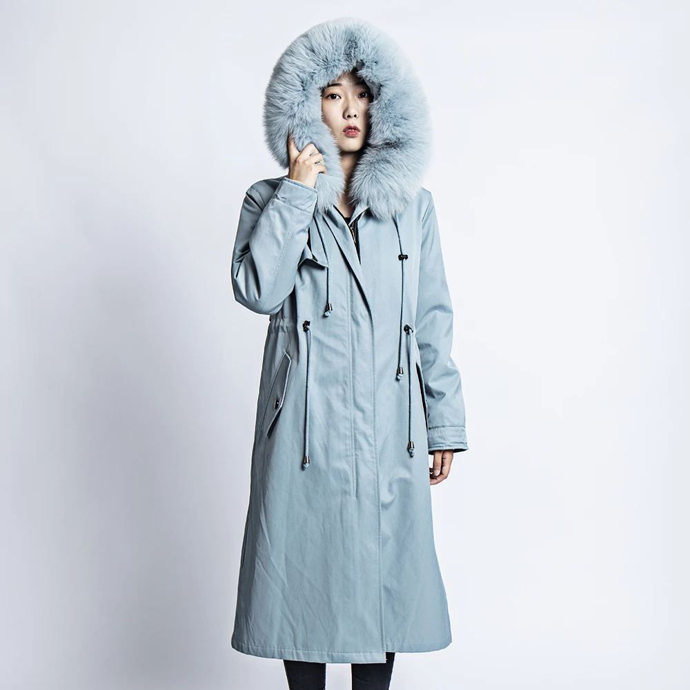 Женское пальто с мехом кролика rex rabbir длинное капюшоном и натуральным лисьим