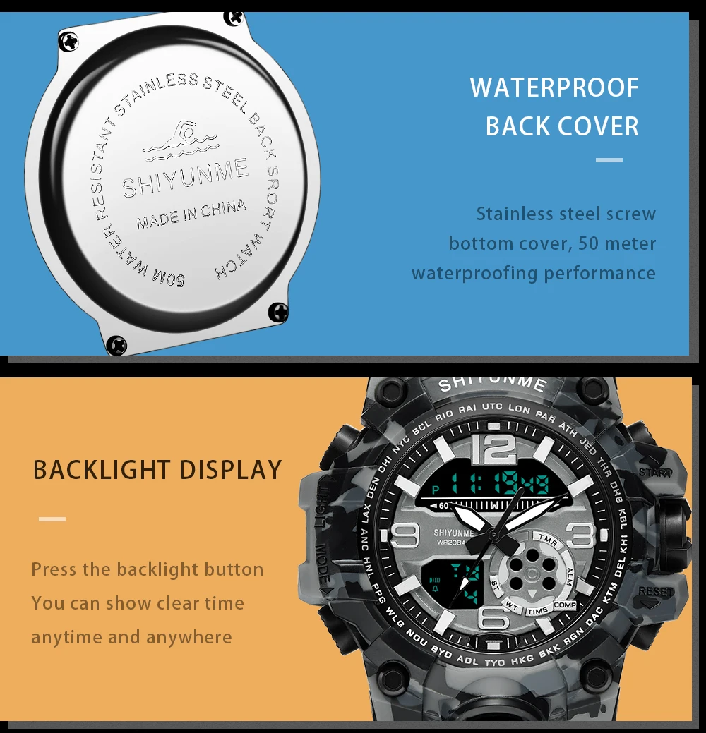 2019new Brand Sports Watches Men Dual Time Camouflage Military Watch Men Army LED Digital Wristwatch 50M Waterproof Men's Clock