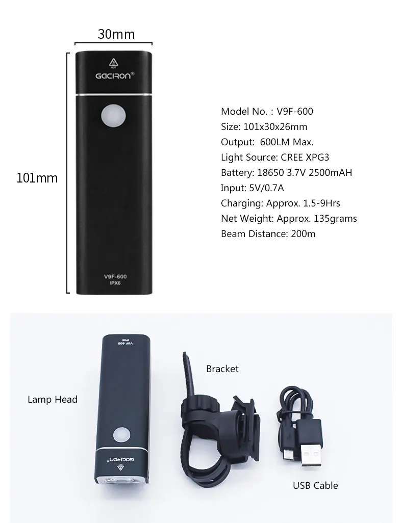 Clearance Gaciron Bicycle Headlight Built-in 2500mAH Battery USB Charge 600 Lumens 9 hours Runtime Side Visible Cycling Front Lighting 1