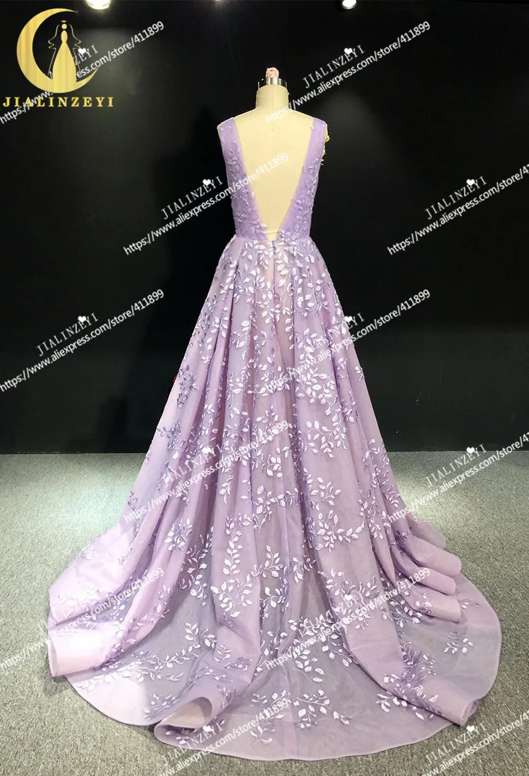 JIALINZEYI, настоящий образец, фиолетовое кружевное платье с v-образным вырезом, высокое качество, ТРАПЕЦИЕВИДНОЕ ПЛАТЬЕ, вечерние платья