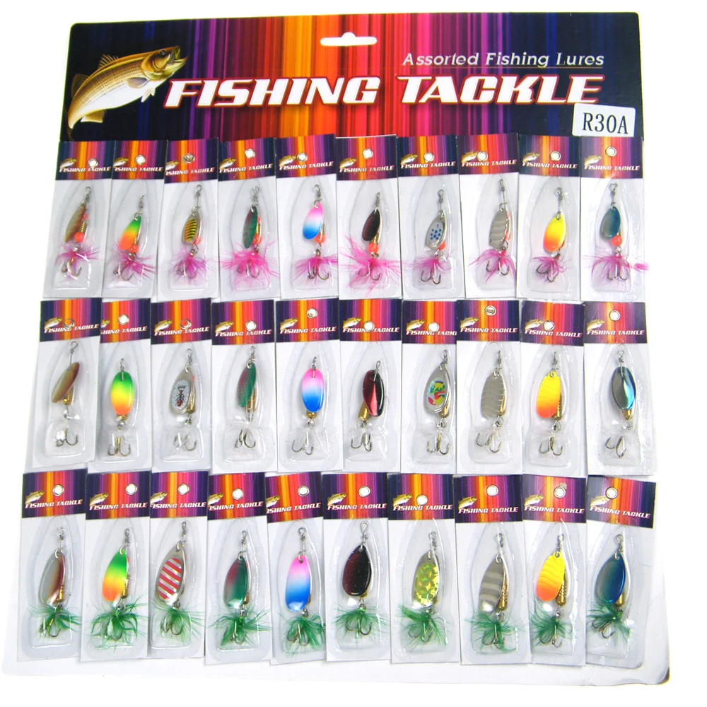 30 piezas/tarjeta surtido de Pesca señuelos Spinner Metal cuchara Pesca Spinners duro cebos con pluma Pesca Crankbaits Wobblers Pesca