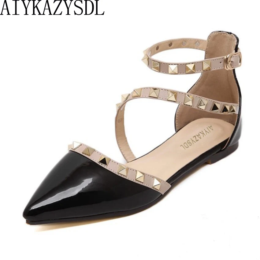 Aiykazysdl Women Pointy Toe Oxfords Flat Heel Shoes Ankle Wrap Rivets