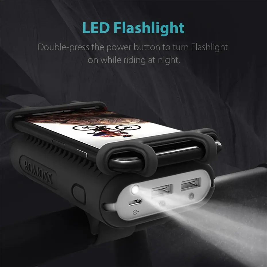 Romoss10000mAh 2-Port Power Bank 2 in 1 Portable Charger Bicycle Handlebar Stroller Clamp USB External Battery Pack 5