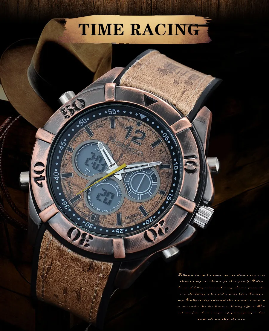 BOAMIGO Brand Vintage Punk Men's Watches Retro Wood Design Analog Digital LED Quartz Watch Waterpfoof 2 Time Zone Wristwatches (1)