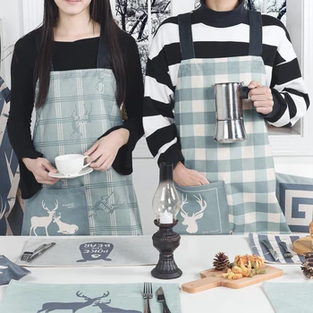 

2018 New Hot Simple Nordic Style Cartoon Couples Aprons,BBQ Senior baking Bib Kitchen cooking aprons for Women men Cafe Waitress