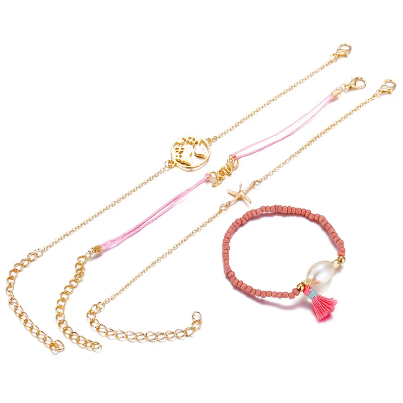 NIUYITID 4 pcs  set Love Starfish World Map Pulseras Mujer Fashion Tassel Charm Set Bracelet Jewelry For Women Female (4)