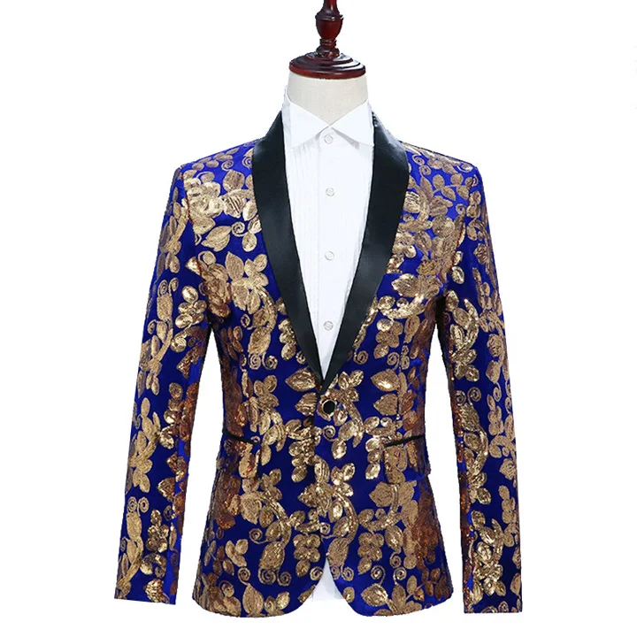 Блестящий Золотой с цветком, блестками и бархатный пиджак Для мужчин бренд шаль лацкан одна кнопка костюм куртка для вечерние Клубные ужин, на свадьбу, на выпускной, этап 2XL - Цвет: Royal Blue