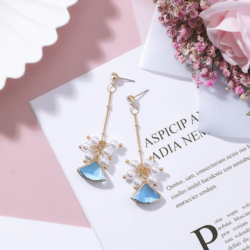 2018 New Korean Temperament Blue Fan Crystal Simulated Pearl Drop Pendientes Mujer Moda Long Earrings For Women Fashion Jewelry | Украшения