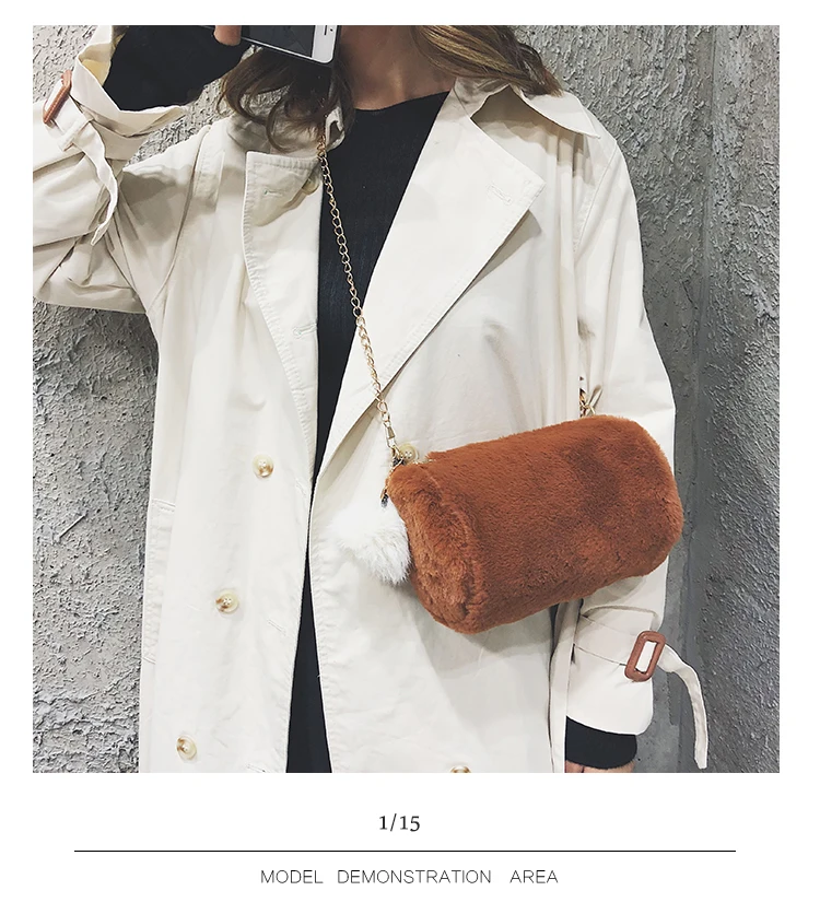 Hot Barrel Shaped Bag Velour Female Chain Handbag Fur Ball Women Purse Crossbody Messenger Shoulder Bags Sac A Main mujer bolsa(28)
