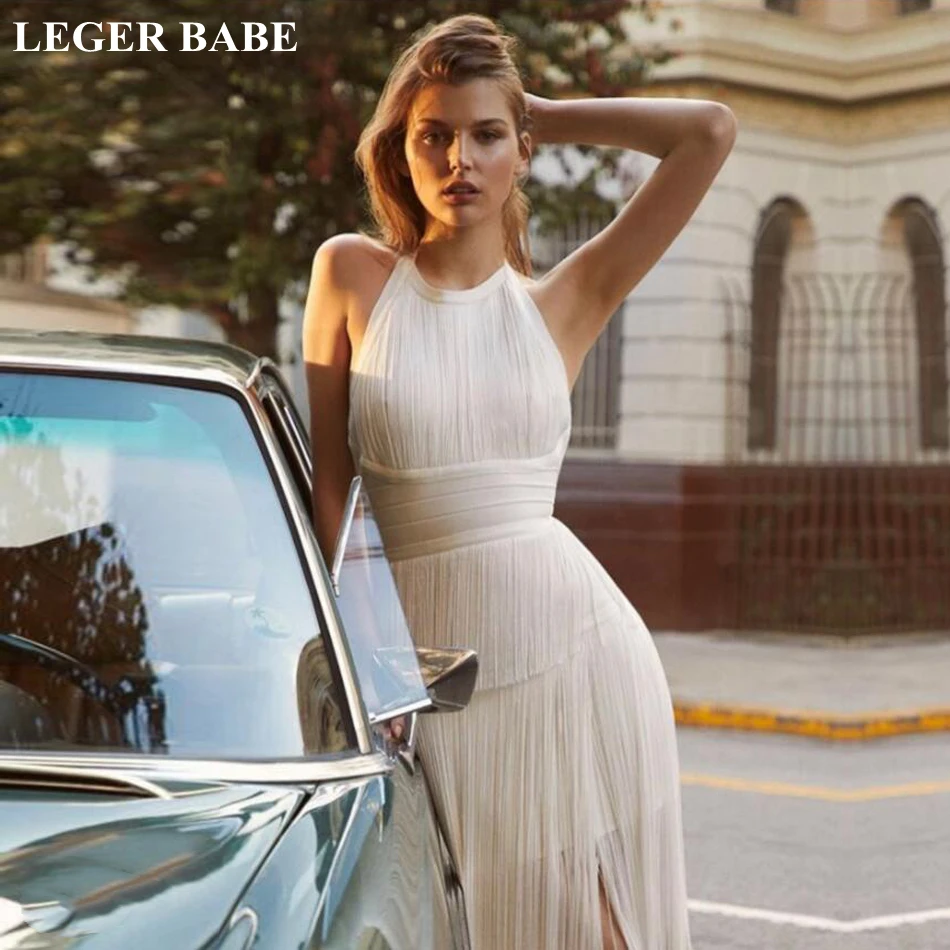 

LEGER BABE New Autumn Women Sleeveless Black White Bandage Dress Tassel Fringe Sexy Bodycon Vestidos Celebrity Party Dresses