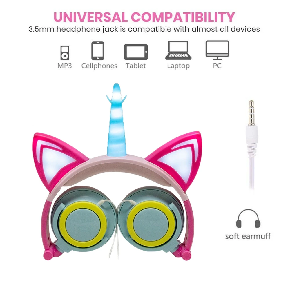 

Foldable Flashing Unicorn Kids Adults Headphones Cosplay Earphone with LED light Gaming Headset for Girls and Boys PC Computer