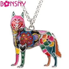 Bonsny эмаль сплава счастливый Сибирский хаски собака ожерелье Короткая подвеска на ожерелье животных Ювелирные изделия для женщин девочек подарок для любителей животных Bijoux