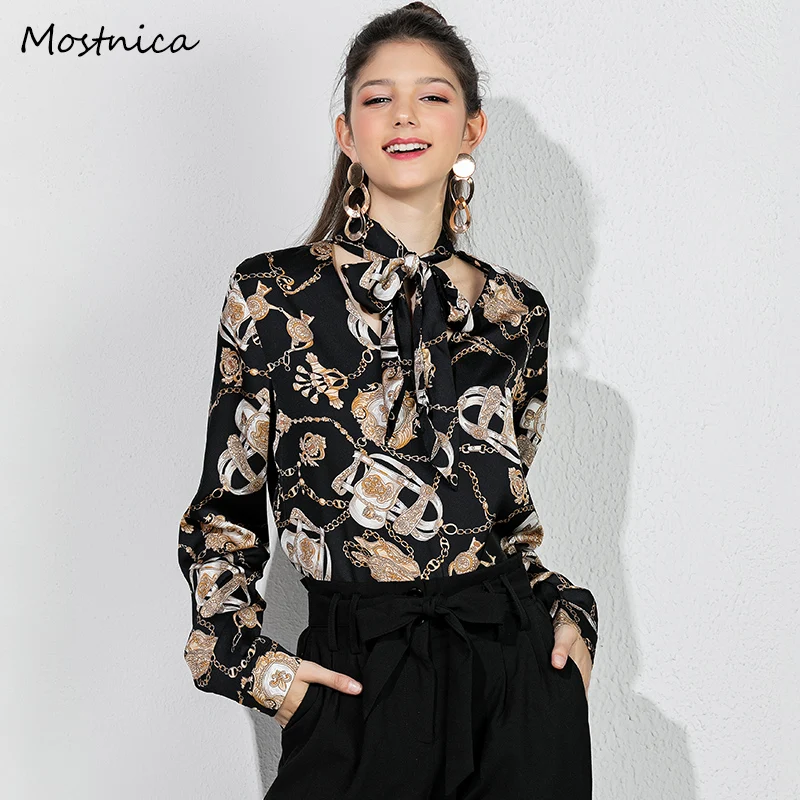 

Mostnica Vintage Long Sleeves Punk Ladies Blouses with Tie Spring Luxury Style Printed Black Hawaiian Blouse Retro Chemises