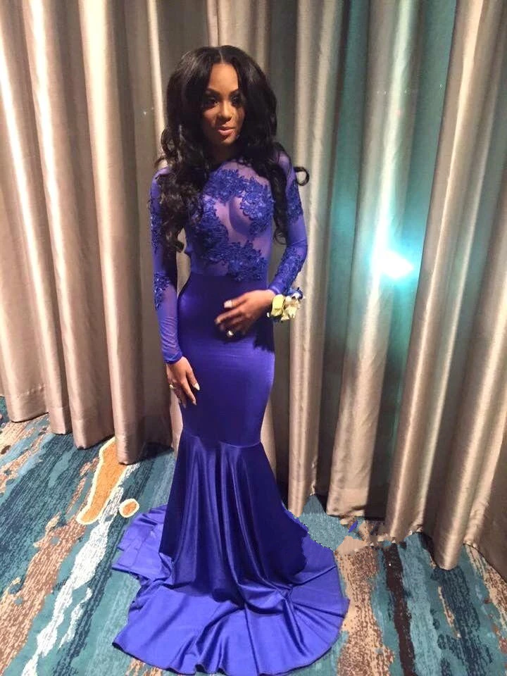 blue lace long sleeve prom dress