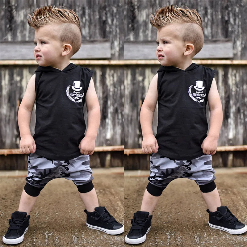 Children's clothes summer new Toddler Kids Baby Boy Outfits Letter Print Hooded Vest Tops+Camouflage Pants Set (7)