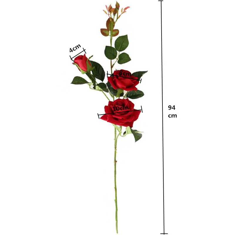 Flone Artificial Rose Flower Simulation Silk Fake Flowers Single Branch 3 Heads Roses Flower For Wedding Home Bedroom Decoration (16)