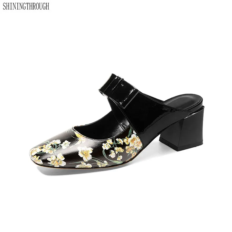 

Prints Women slippers 2019 Summer genuine Leather square Toe High Heels Shoes Woman Casual party women pumps size 41 42