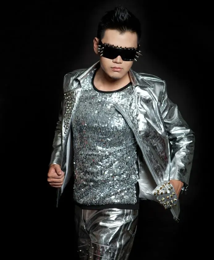 Серебро черный с заклепками Модные Рок Мотоциклы кожаная куртка мужская певица мужские кожаные куртки и пальто персонализированные - Цвет: only coat