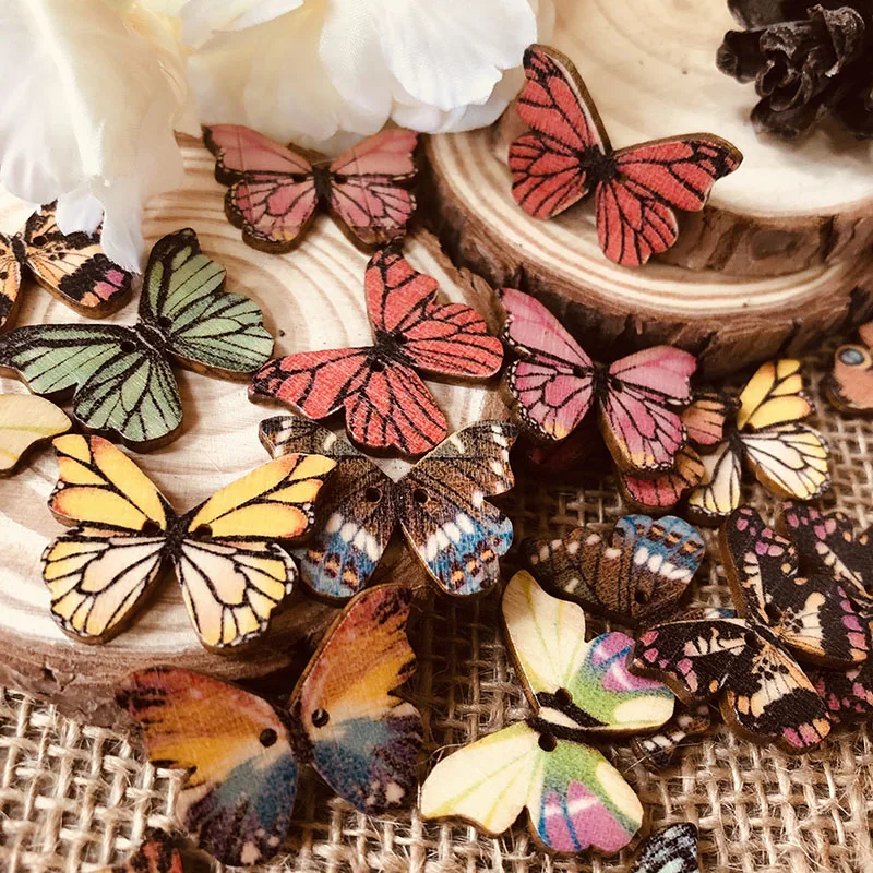 

50pcs Vintage Wood Butterfly Button, Sewing Scrap booking Supply