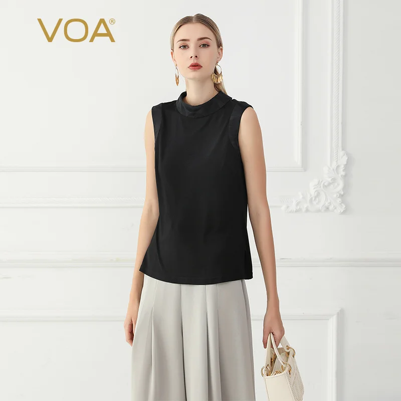 

VOA Double-sided Heavy Silk Knitted Tops Women Sleeveless Black T Shirt Summer Basic Tee Ladies Top Elasticity Simple B752