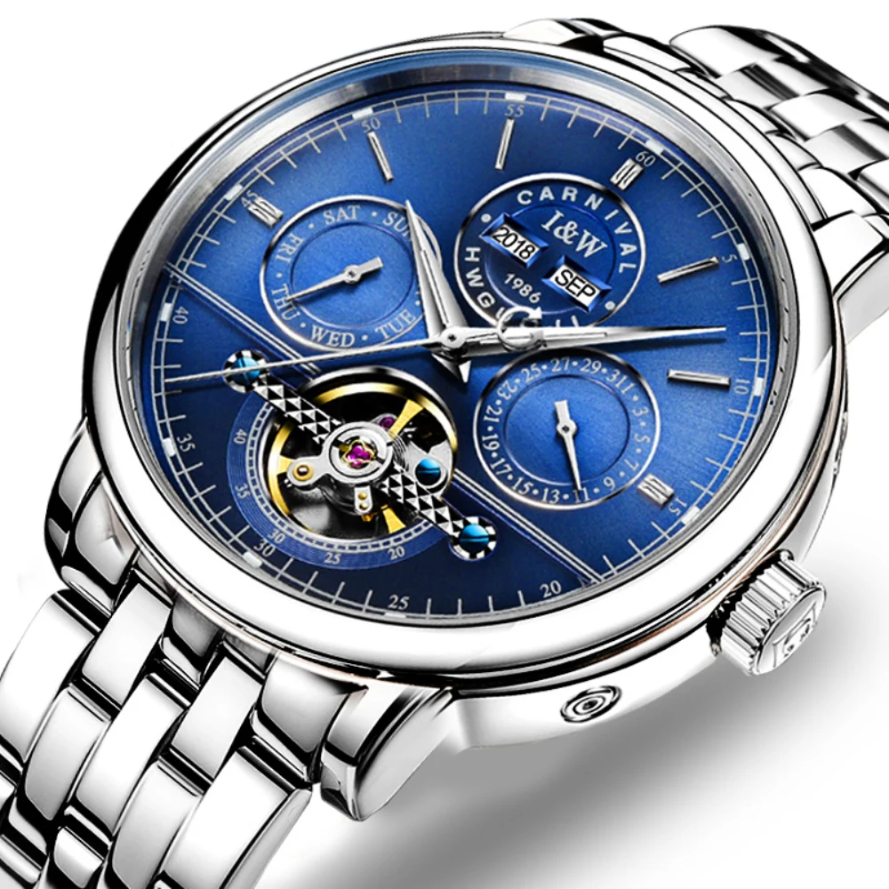 

CARNIVAL Fashion Perpetual Calendar Automatic Watch Men Double Calendar Waterproof Luminous Tourbillon Mechanical Watch Skeleton