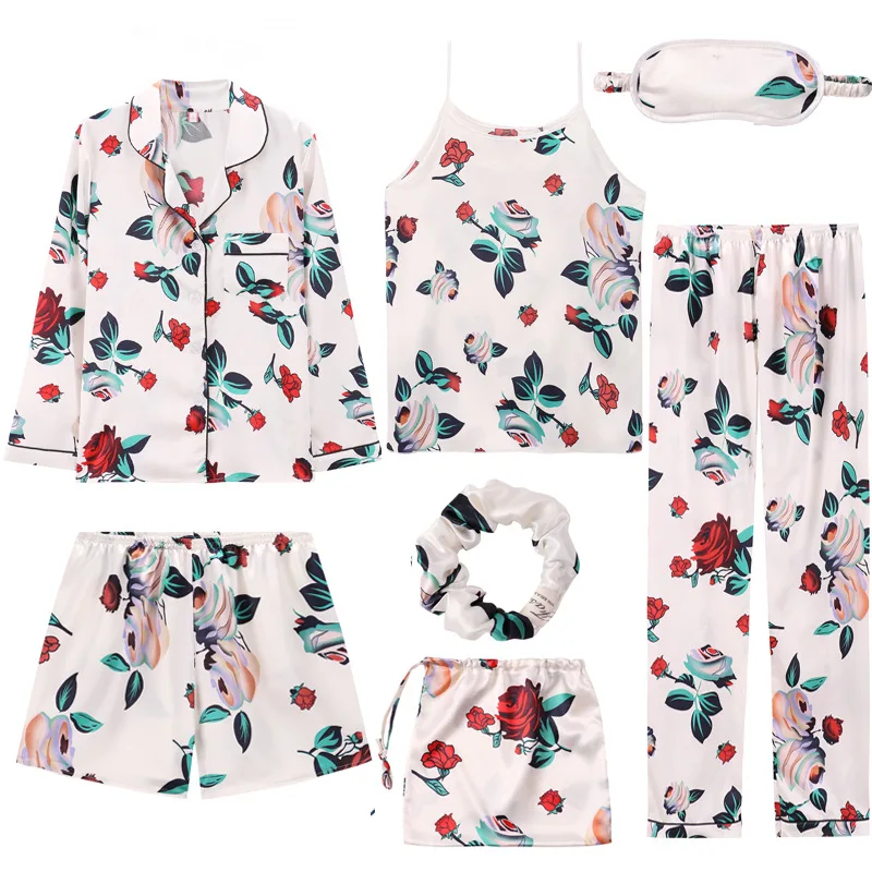 

Summer Pajamas Women Emulation Silk Pijama 7 Pieces Sets Pyjamas Women Turn-Down Collar Print Sleepwear Spring Autumn Homewear