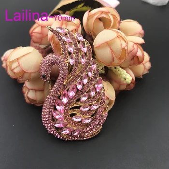

Free Shipping Gold-Tone pink crystal Swan Brooch