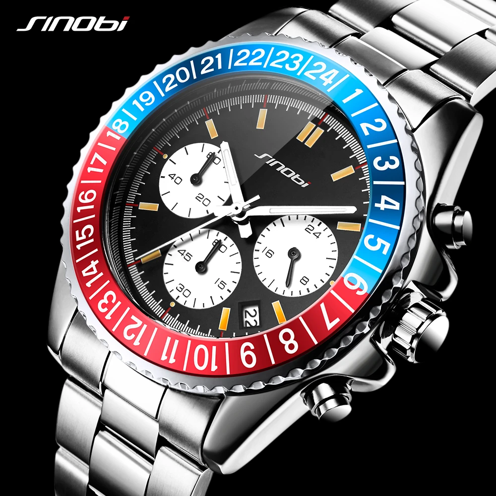 

SINOBI Relogio Masculino Mens Watch Rotatable Bezel Full Steel Fashion Business Watch 2018 Chronograph Quartz Watch with box