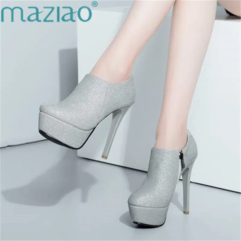 

Ankle Boots for Women Platform High Heels Female Side Zipper Pump Short Boot Elegant Round Toe Sequins Bling MAZIAO