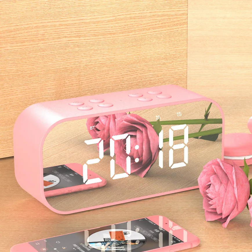Bluetooth 5,0 Портативный беспроводной Bluetooth динамик Колонка сабвуфер музыкальная звуковая коробка светодиодный Будильник для ноутбука - Цвет: pink