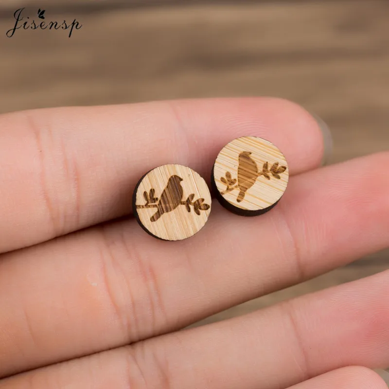 

Jisensp Fashion Animal Bird Wood Earrings Cute Round Earings Jewelry Gift Wooden Tree Branches Stud Earrings for Women Brincos